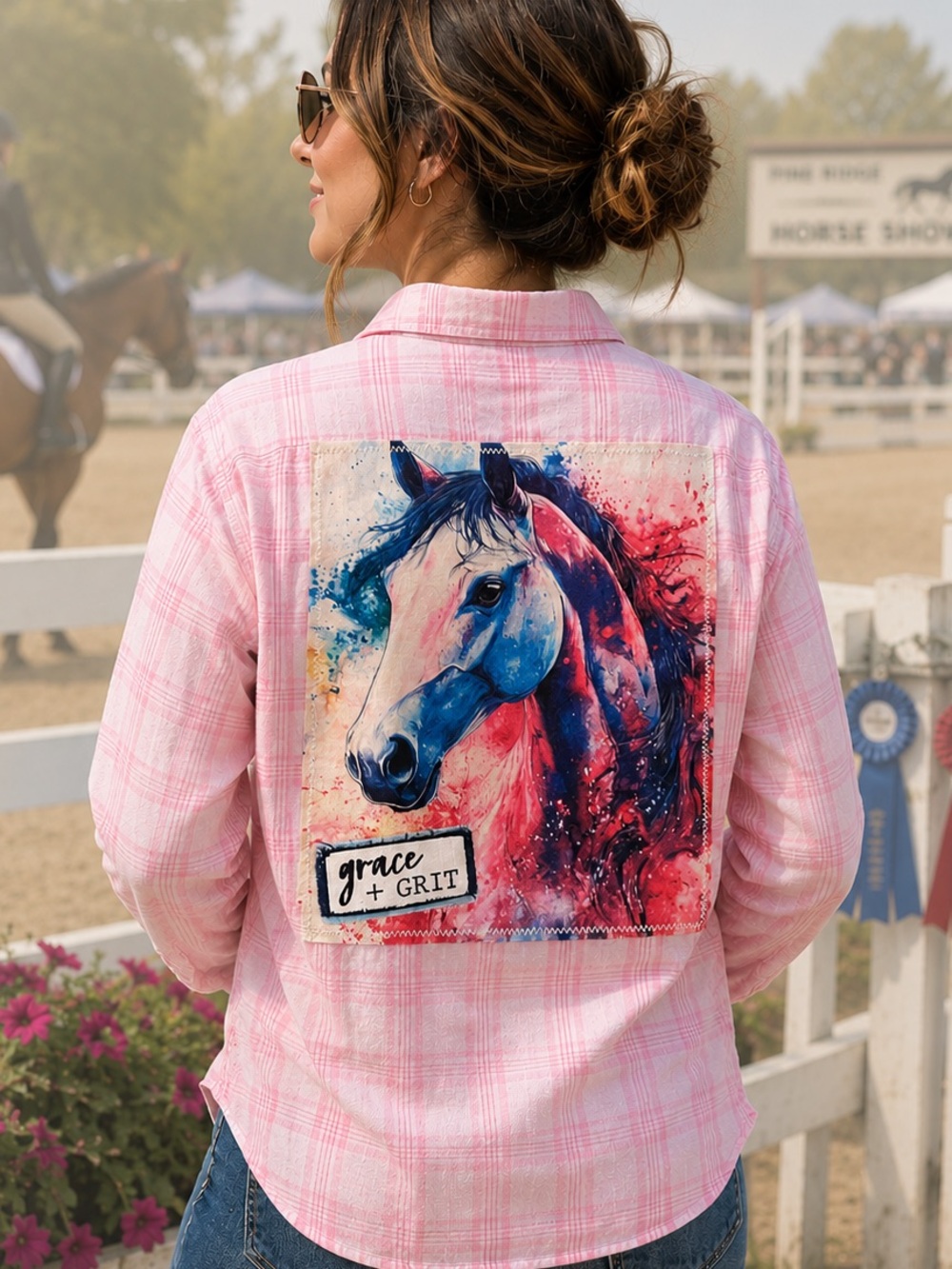 Upcycled Horse Shirt: Pink Plaid, Grace & Grit, Country Roads. Handcrafted. XL.